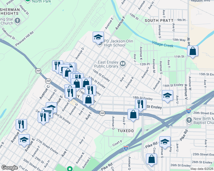map of restaurants, bars, coffee shops, grocery stores, and more near 807 17th Street Ensley in Birmingham