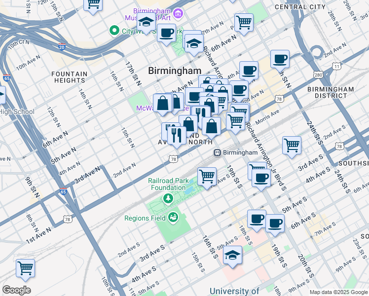 map of restaurants, bars, coffee shops, grocery stores, and more near 1716 1st Avenue North in Birmingham