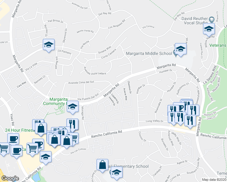 map of restaurants, bars, coffee shops, grocery stores, and more near 42001 Orange Blossom Drive in Temecula