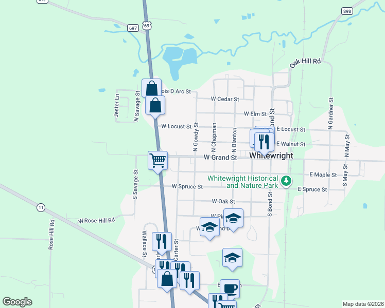 map of restaurants, bars, coffee shops, grocery stores, and more near 502 West Grand Street in Whitewright