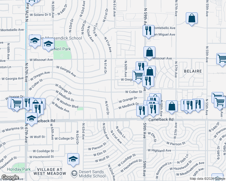 map of restaurants, bars, coffee shops, grocery stores, and more near 6060 West Colter Street in Glendale