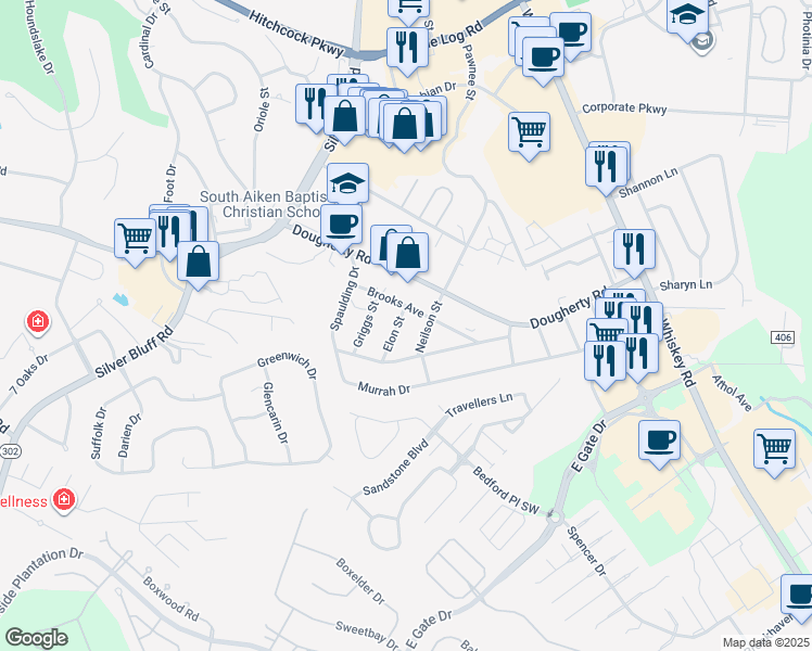 map of restaurants, bars, coffee shops, grocery stores, and more near 1105 Elon St in Aiken