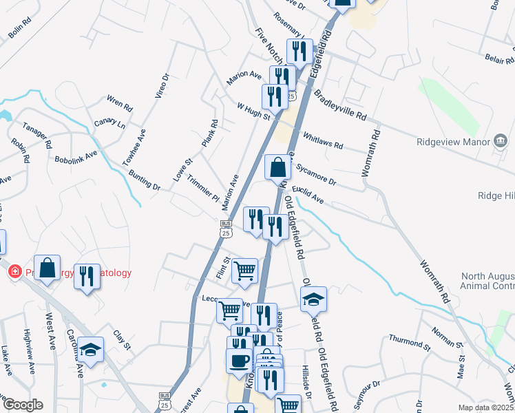 map of restaurants, bars, coffee shops, grocery stores, and more near 31 Leigh Place in North Augusta