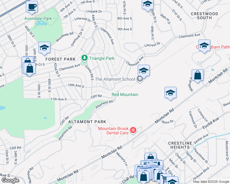 map of restaurants, bars, coffee shops, grocery stores, and more near 4370 Cliff Road in Birmingham