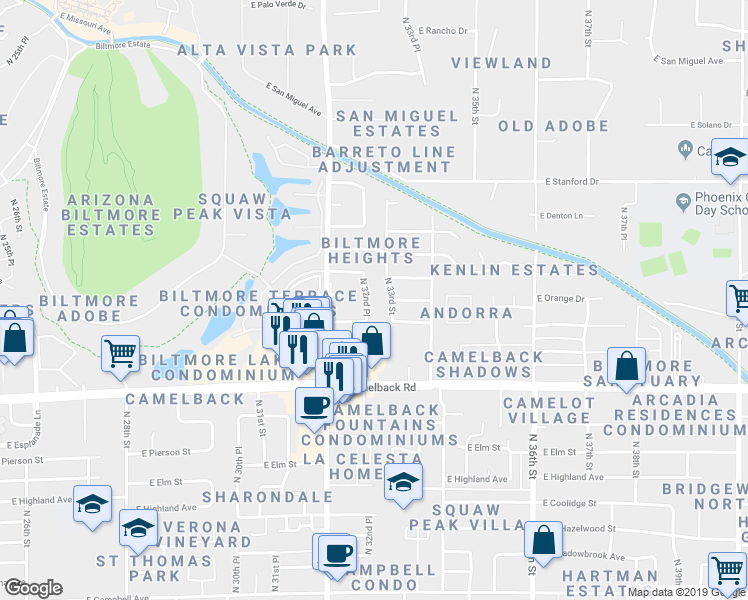 map of restaurants, bars, coffee shops, grocery stores, and more near 5119 North 32nd Place in Phoenix
