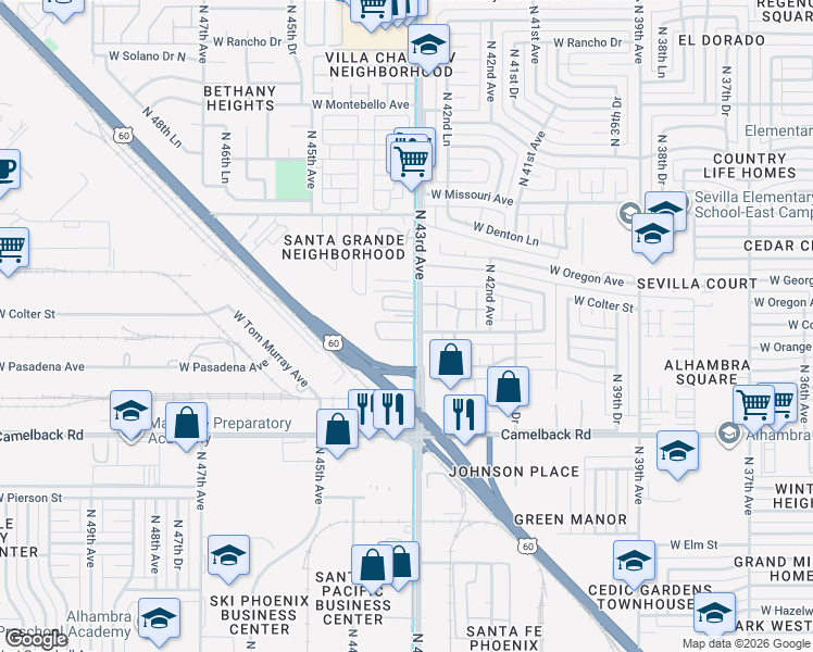 map of restaurants, bars, coffee shops, grocery stores, and more near 5204 North 43rd Avenue in Glendale