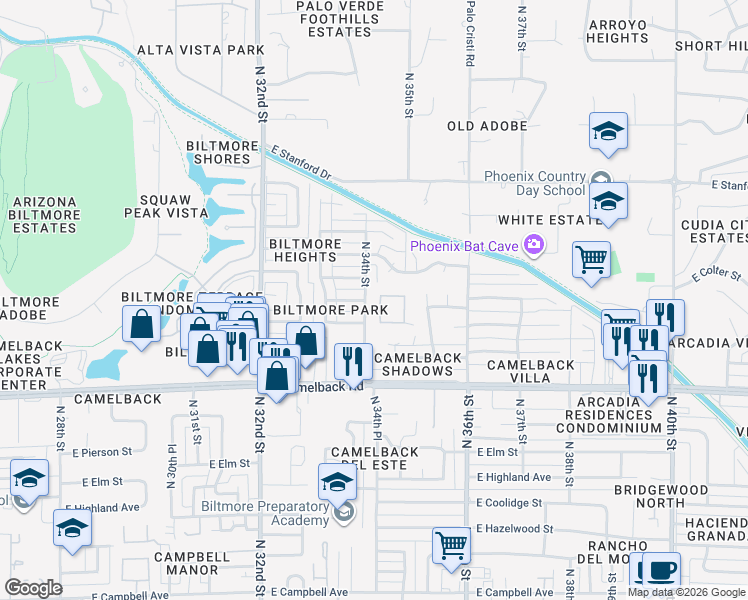 map of restaurants, bars, coffee shops, grocery stores, and more near 5124 North 34th Place in Phoenix