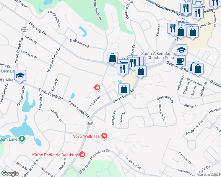 map of restaurants, bars, coffee shops, grocery stores, and more near 191 Centre South Boulevard in Aiken