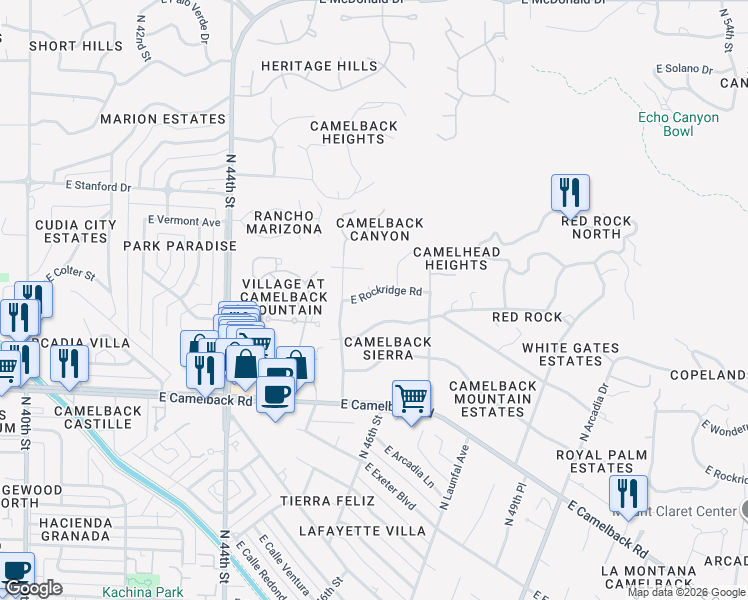 map of restaurants, bars, coffee shops, grocery stores, and more near 4545 East Rockridge Road in Phoenix