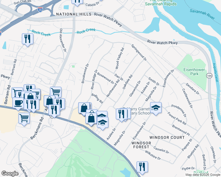 map of restaurants, bars, coffee shops, grocery stores, and more near 1107 Northwood Road in Augusta