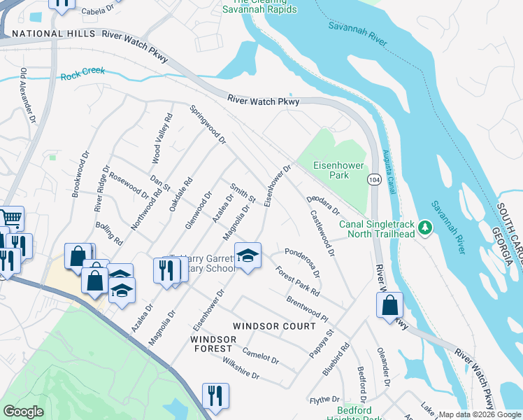 map of restaurants, bars, coffee shops, grocery stores, and more near 1215 Eisenhower Drive in Augusta