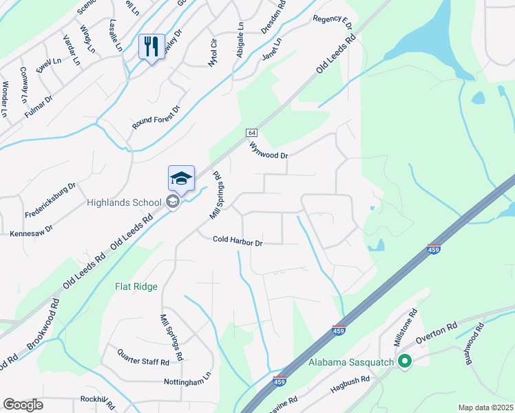 map of restaurants, bars, coffee shops, grocery stores, and more near 4912 Spring Rock Road in Birmingham