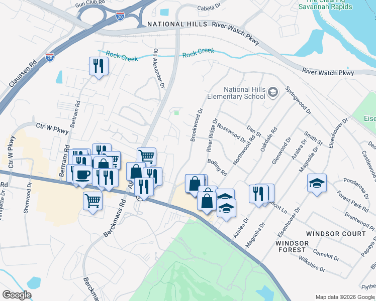 map of restaurants, bars, coffee shops, grocery stores, and more near 1027 Brookwood Drive in Augusta