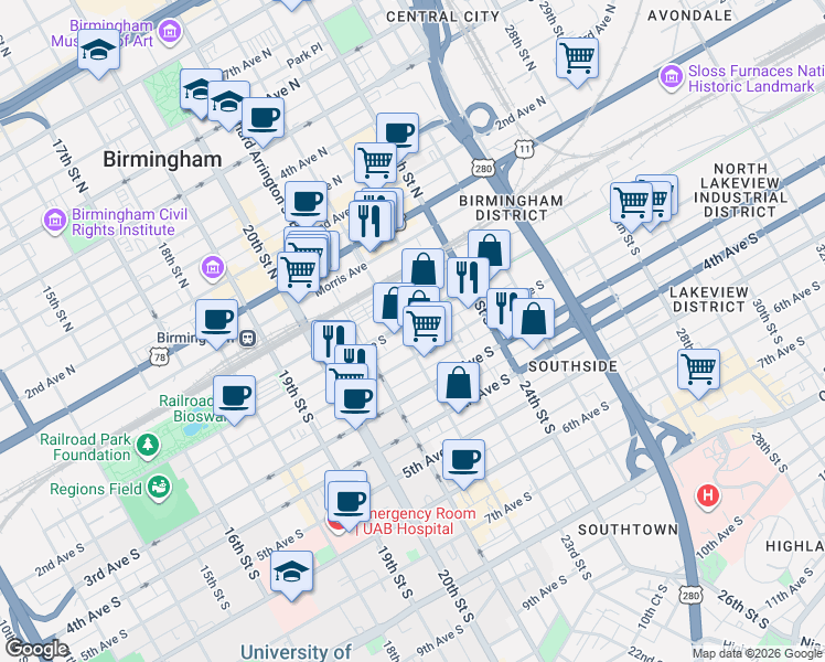 map of restaurants, bars, coffee shops, grocery stores, and more near 2201 1st Avenue North in Birmingham