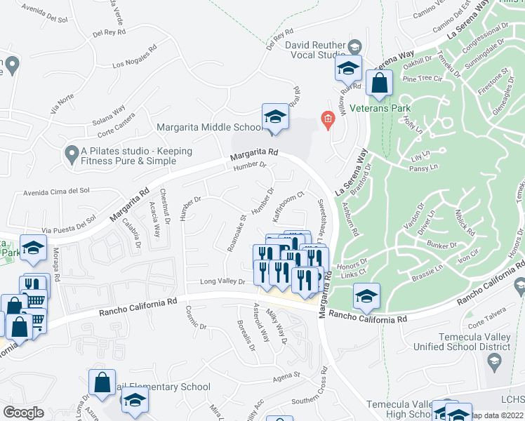map of restaurants, bars, coffee shops, grocery stores, and more near 41984 Humber Drive in Temecula