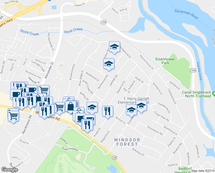 map of restaurants, bars, coffee shops, grocery stores, and more near 1123 Oakdale Road in Augusta