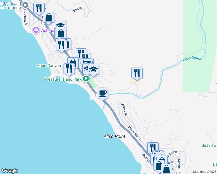 map of restaurants, bars, coffee shops, grocery stores, and more near 21712 Wesley Drive in Laguna Beach