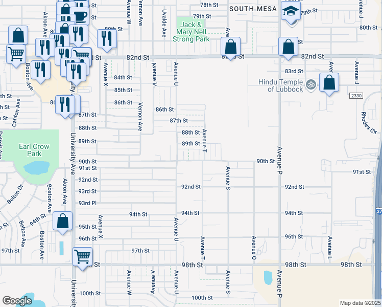 map of restaurants, bars, coffee shops, grocery stores, and more near 8906 Temple Avenue in Lubbock
