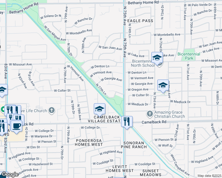 map of restaurants, bars, coffee shops, grocery stores, and more near 7594 West Colter Street in Glendale