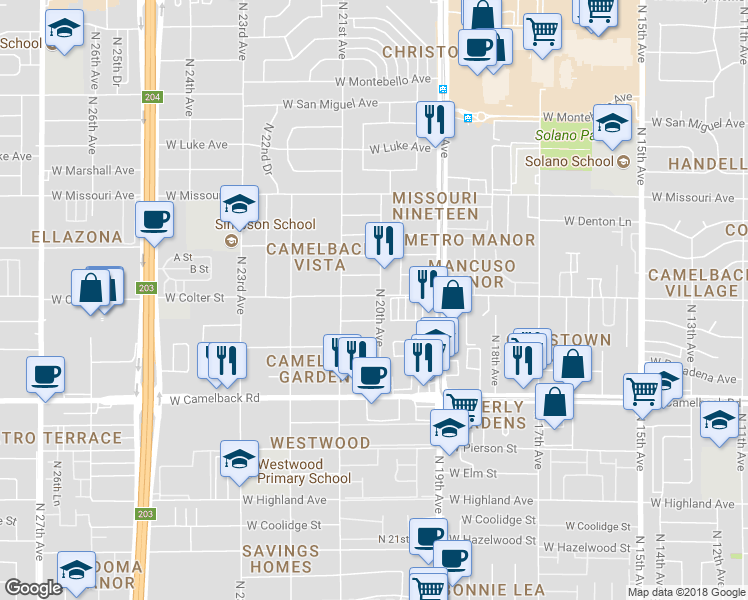map of restaurants, bars, coffee shops, grocery stores, and more near 2001 West Colter Street in Phoenix