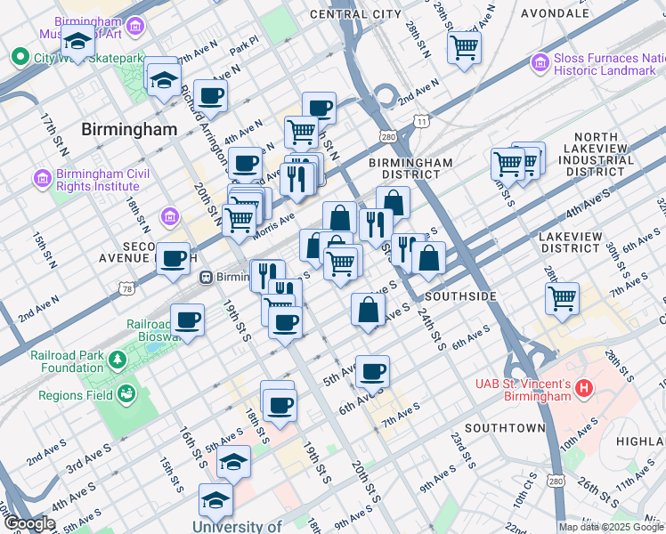 map of restaurants, bars, coffee shops, grocery stores, and more near 2201 1st Avenue North in Birmingham