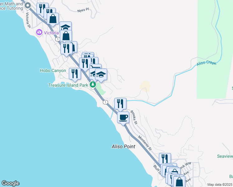 map of restaurants, bars, coffee shops, grocery stores, and more near 21712 Wesley Drive in Laguna Beach