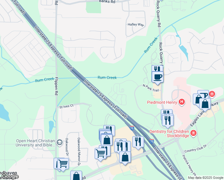 map of restaurants, bars, coffee shops, grocery stores, and more near 235 Spindletop Way in Stockbridge