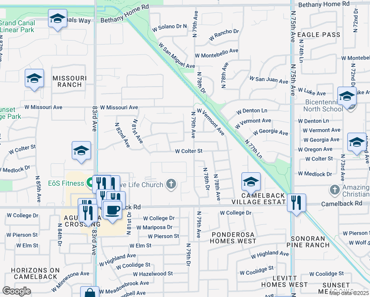 map of restaurants, bars, coffee shops, grocery stores, and more near 7918 West Colter Street in Glendale