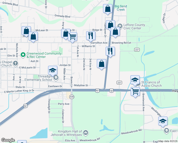 map of restaurants, bars, coffee shops, grocery stores, and more near 600 3rd Avenue North in Greenwood