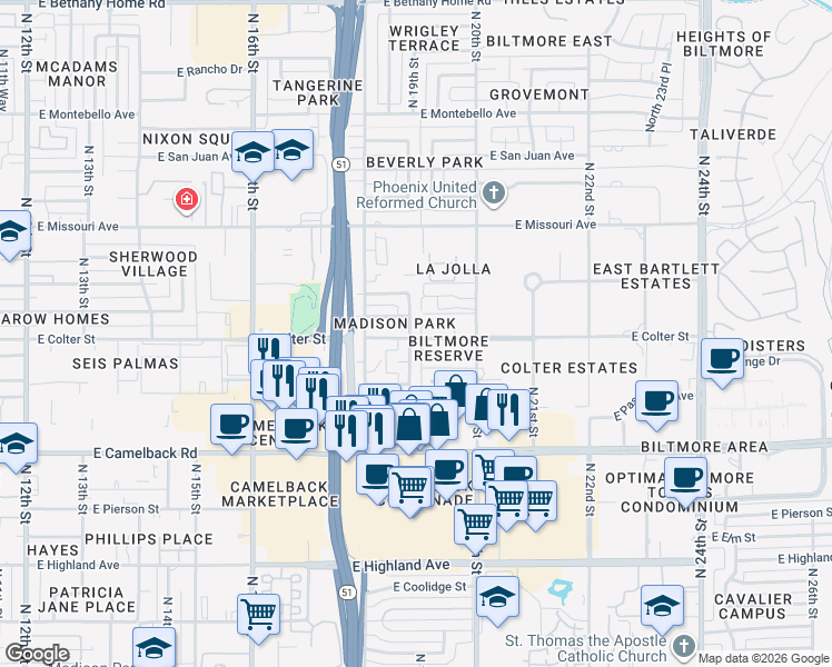 map of restaurants, bars, coffee shops, grocery stores, and more near 1902 East Colter Street in Phoenix