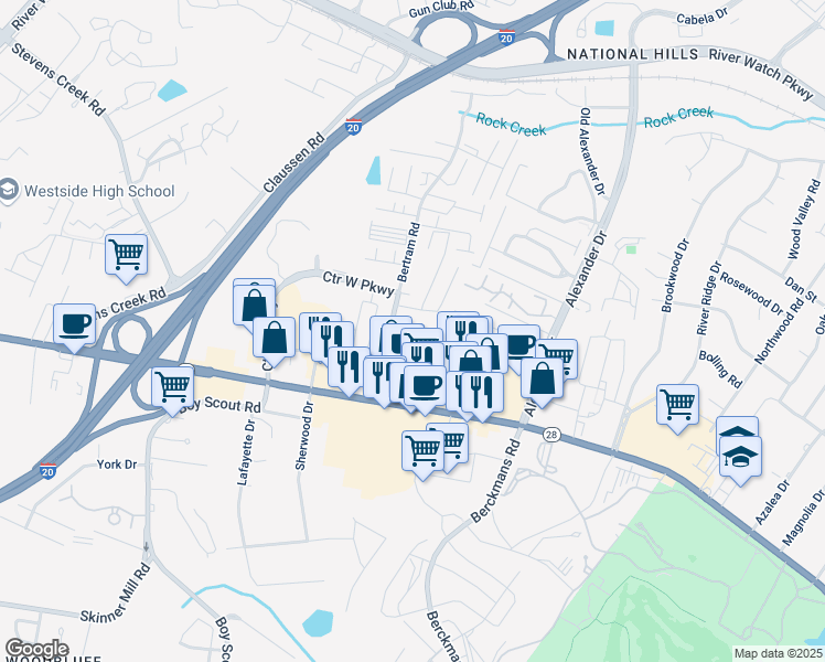 map of restaurants, bars, coffee shops, grocery stores, and more near 1070 Bertram Road in Augusta