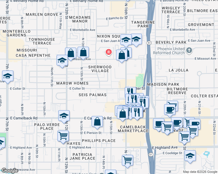 map of restaurants, bars, coffee shops, grocery stores, and more near 1428 East Colter Street in Phoenix