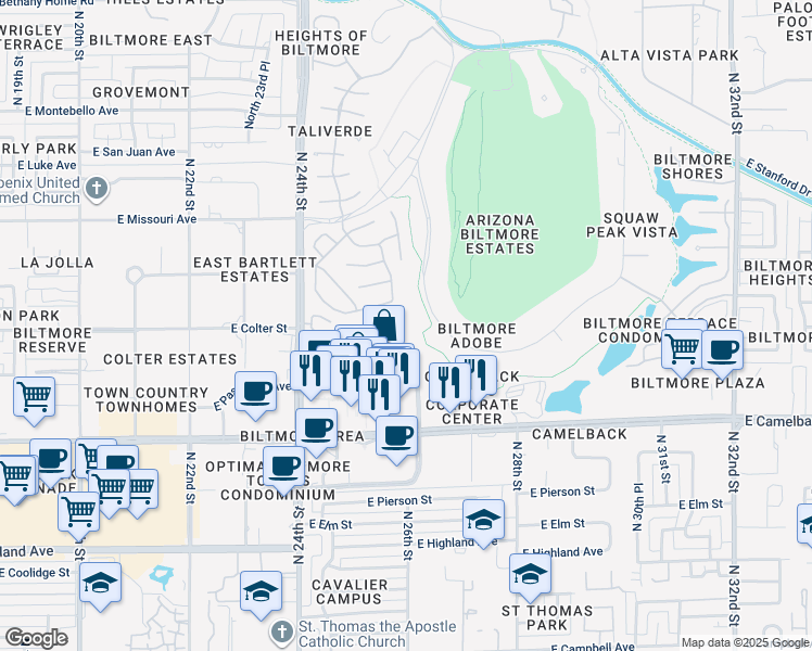 map of restaurants, bars, coffee shops, grocery stores, and more near 5223 North 24th Street in Phoenix