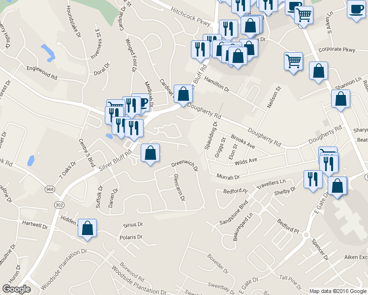 map of restaurants, bars, coffee shops, grocery stores, and more near 147 Charleston Row Blvd in Aiken