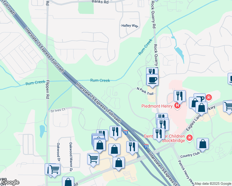 map of restaurants, bars, coffee shops, grocery stores, and more near 201 Evergreen Terrace in Stockbridge