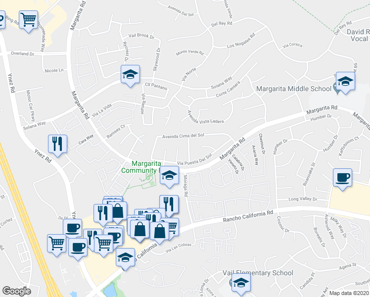 map of restaurants, bars, coffee shops, grocery stores, and more near 42091 Vía Cuesta Al Sol in Temecula