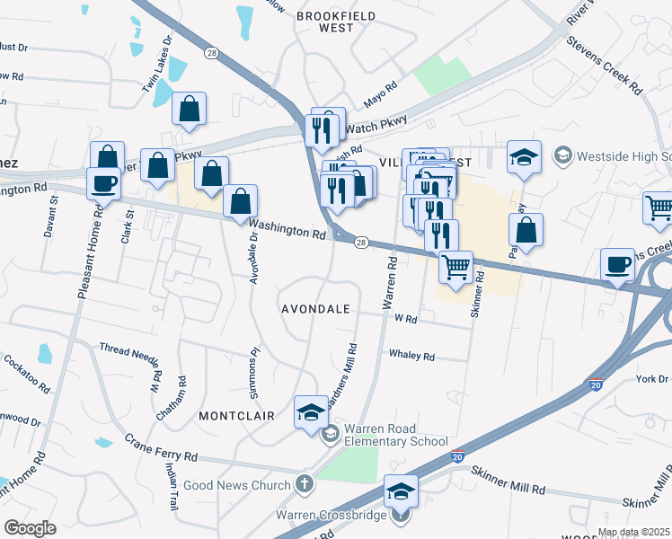 map of restaurants, bars, coffee shops, grocery stores, and more near 108 Kings Chapel Road in Augusta