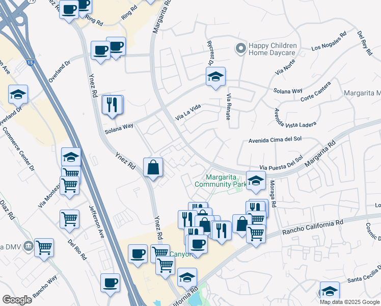map of restaurants, bars, coffee shops, grocery stores, and more near 29588 Courtney Place in Temecula