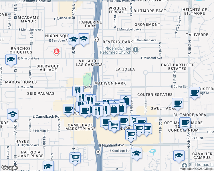 map of restaurants, bars, coffee shops, grocery stores, and more near 1816 East Colter Street in Phoenix