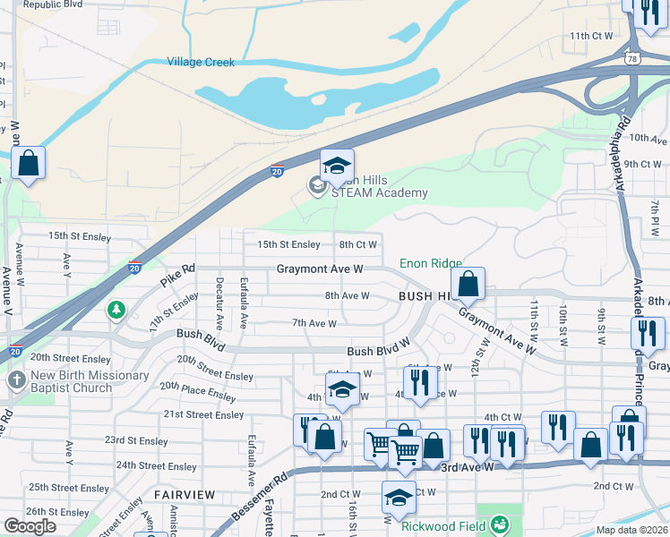 map of restaurants, bars, coffee shops, grocery stores, and more near 901 16th Street West in Birmingham