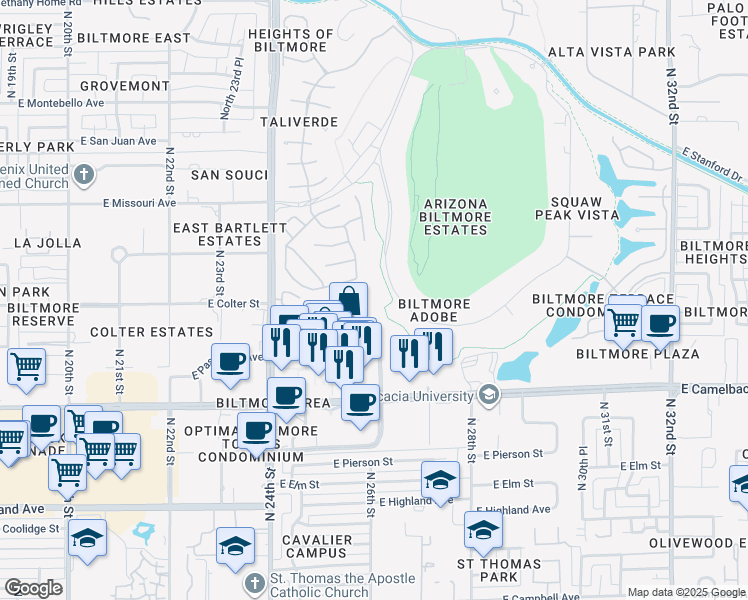 map of restaurants, bars, coffee shops, grocery stores, and more near 5223 North 24th Street in Phoenix
