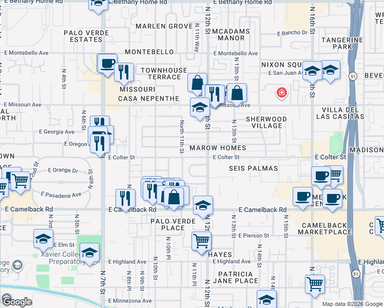 map of restaurants, bars, coffee shops, grocery stores, and more near 1124 East Colter Street in Phoenix