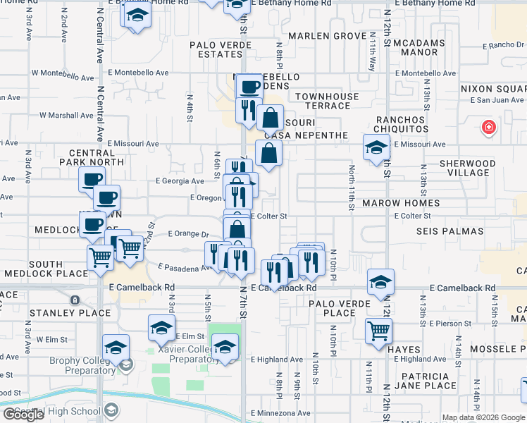 map of restaurants, bars, coffee shops, grocery stores, and more near 815 East Colter Street in Phoenix