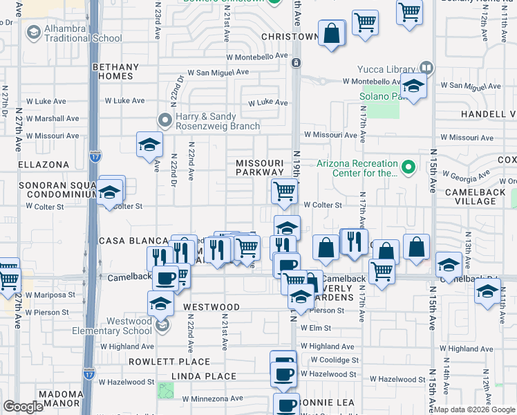 map of restaurants, bars, coffee shops, grocery stores, and more near 2001 West Colter Street in Phoenix