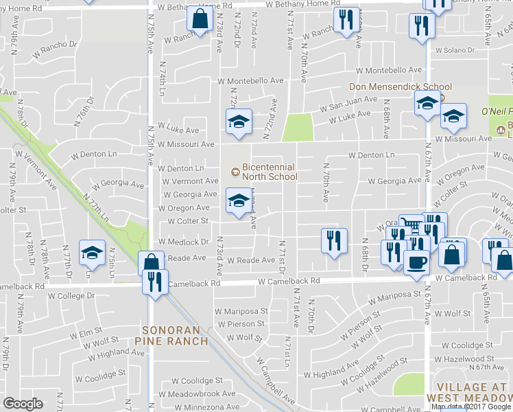 map of restaurants, bars, coffee shops, grocery stores, and more near 5212 North 71st Lane in Glendale