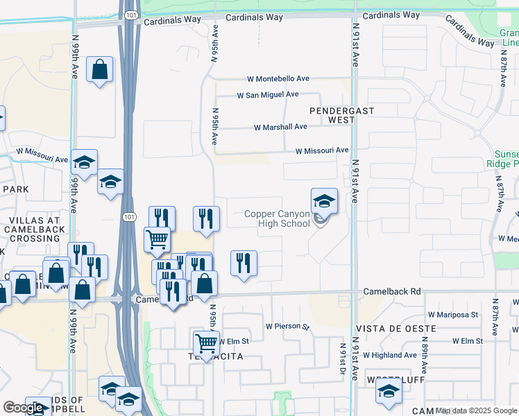 map of restaurants, bars, coffee shops, grocery stores, and more near 9406 West Oregon Avenue in Glendale