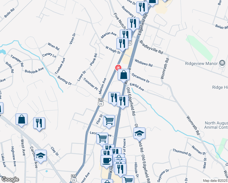 map of restaurants, bars, coffee shops, grocery stores, and more near 31 Leigh Place in North Augusta