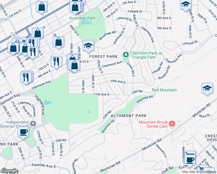 map of restaurants, bars, coffee shops, grocery stores, and more near 1012 42nd Street South in Birmingham