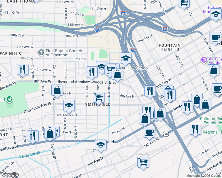 map of restaurants, bars, coffee shops, grocery stores, and more near 517 Reverend Abraham Woods Junior Boulevard in Birmingham