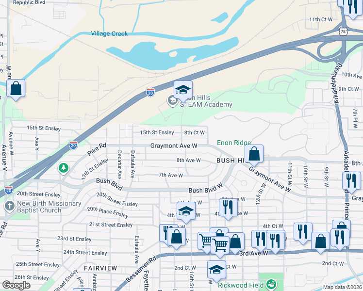 map of restaurants, bars, coffee shops, grocery stores, and more near in Birmingham